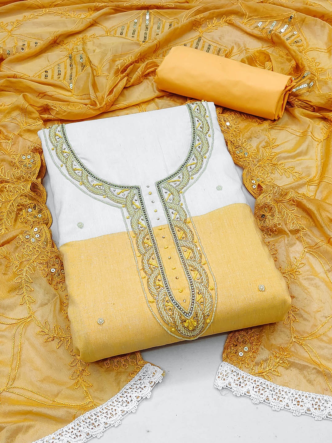 

KALINI Embroidered Unstitched Dress Material, Yellow