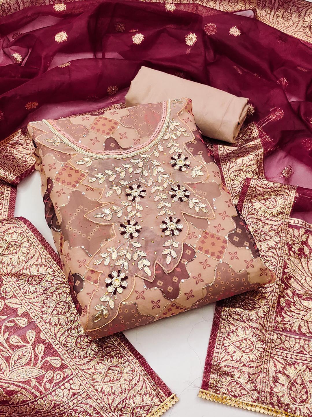 

KALINI Ethnic Motifs Printed Sequinned Detail Organza Unstitched Dress Material, Maroon
