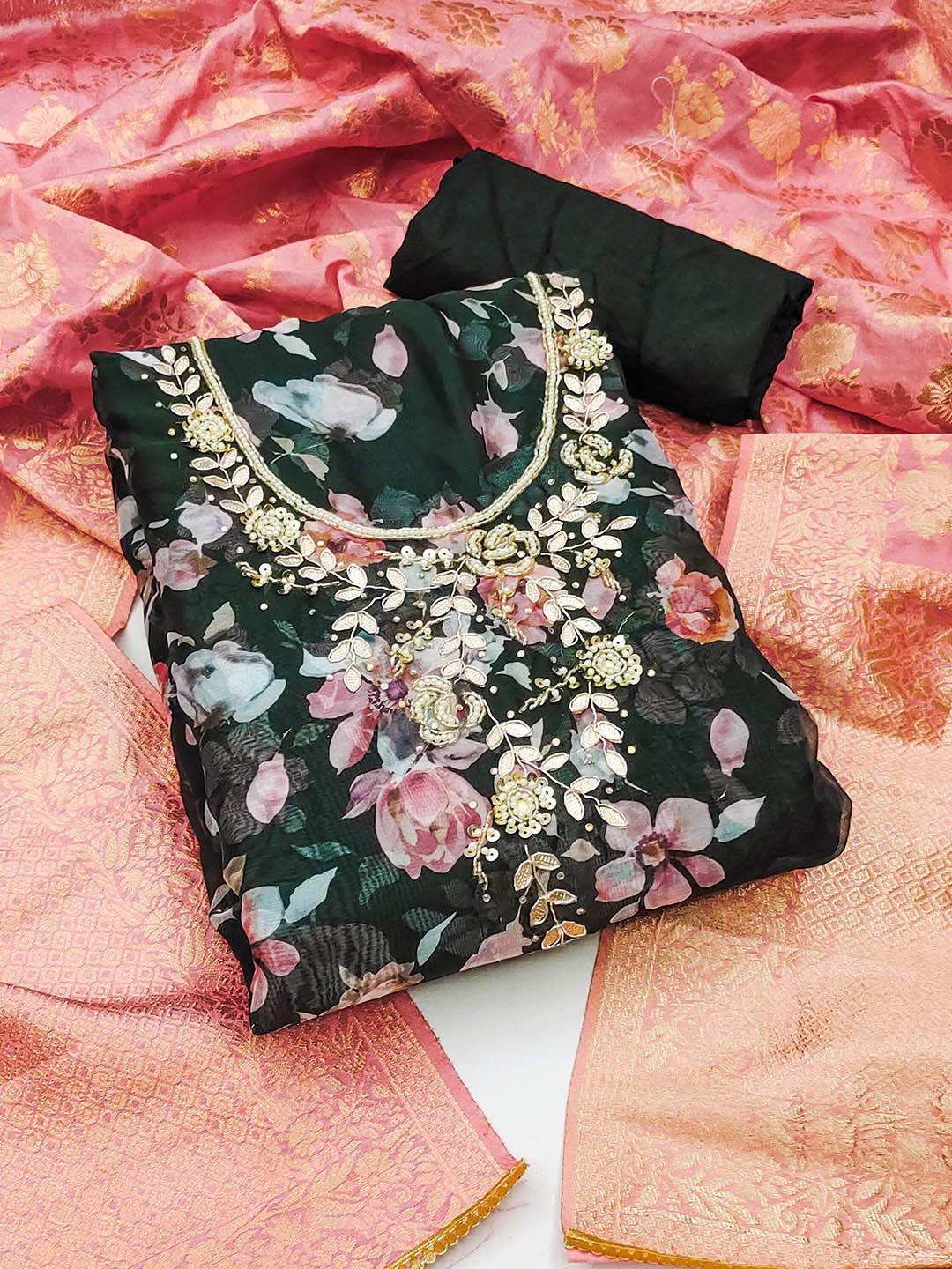 

KALINI Floral Printed Beads & Stones Organza Unstitched Dress Material, Green