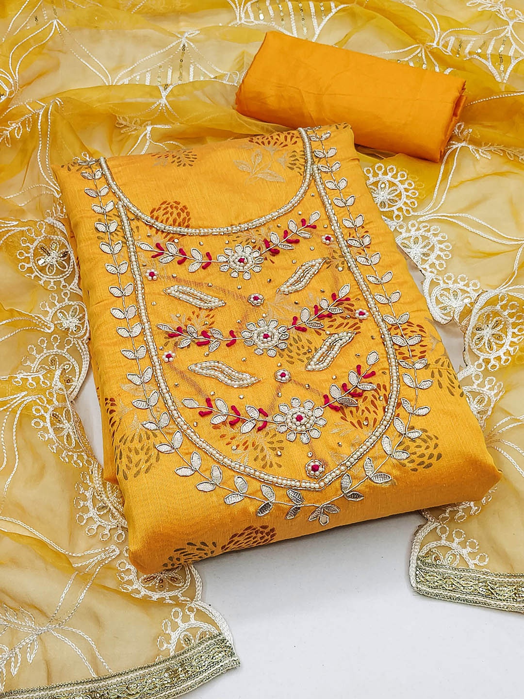 

KALINI Ethnic Motifs Embroidered Beads and Stones Unstitched Dress Material, Mustard