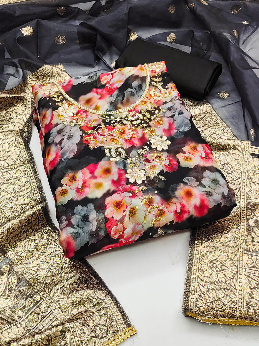 

KALINI Floral Printed Beads & Stones Organza Unstitched Dress Material, Black