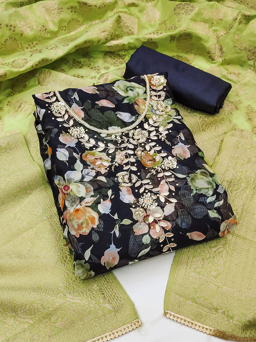 

KALINI Floral Printed Beads and Stones Unstitched Dress Material, Navy blue
