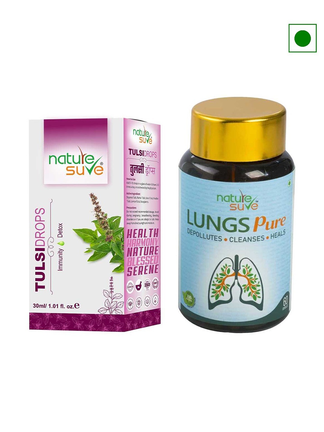

Nature Sure Set Of 2 Tulsi Drops 30ml & Lungs Pure -60 Capsules, White