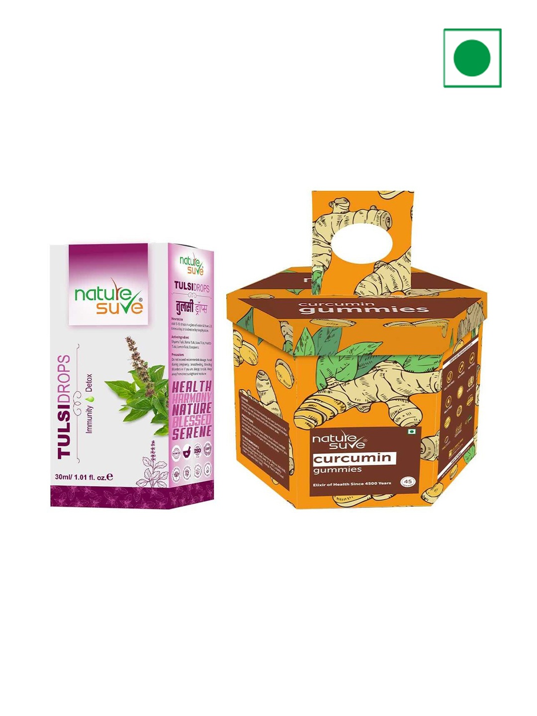 

Nature Sure Set Of 2 Tulsi Drops 30ml & Curcumin Gummies-45 Gummies, Multi