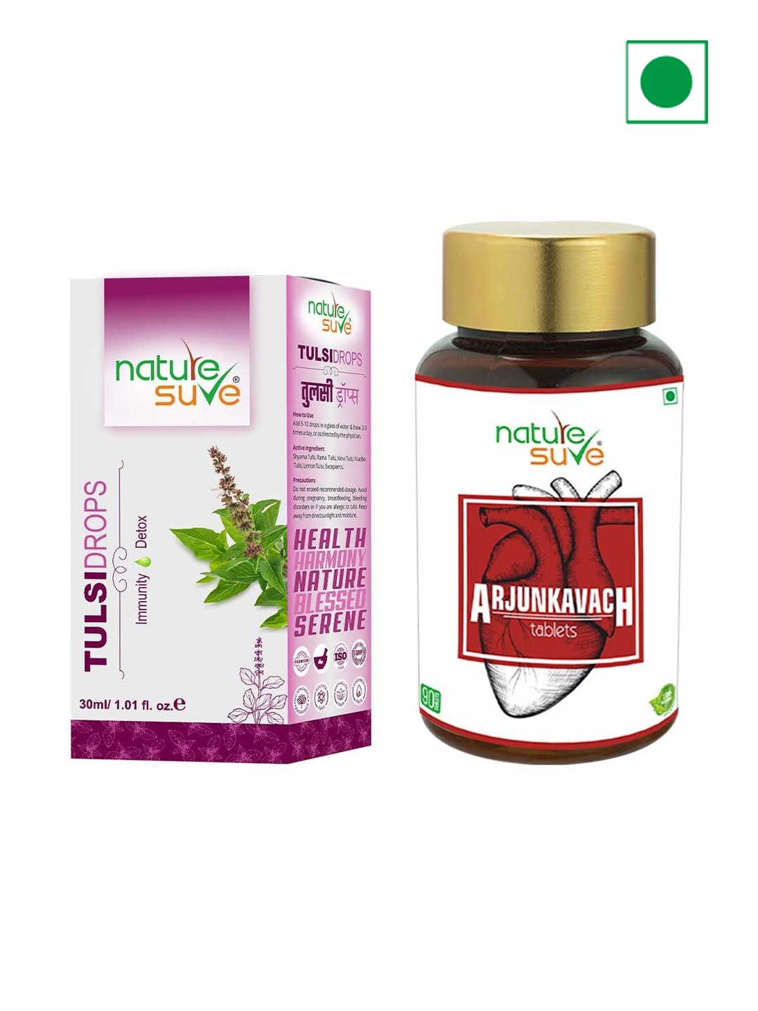 

Nature Sure Set of Tulsi Drops - 30 ml & Arjun Kavach Heart Tablets - 90N, Multi