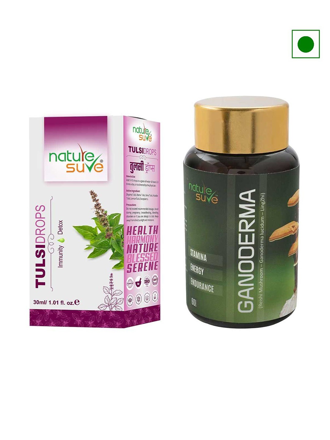 

Nature Sure Tulsi Drops - 30 ml & Ganoderma Reishi Mushroom Capsules - 60N, Multi