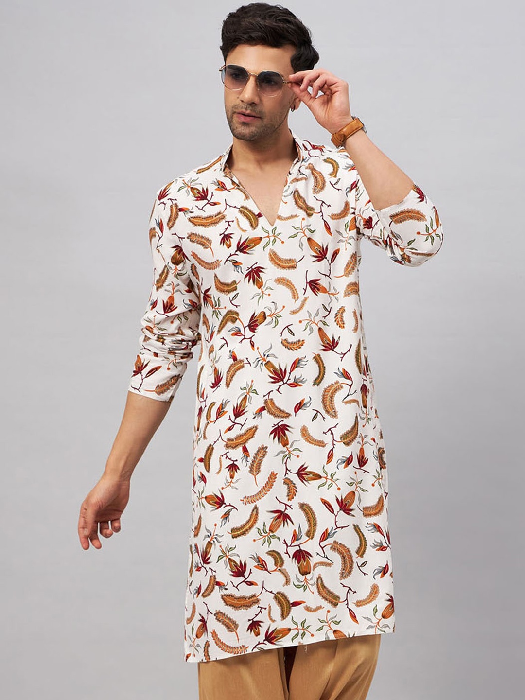 

VASTRAMAY Floral Printed Mandarin Collar Long Sleeves Straight Kurta, White