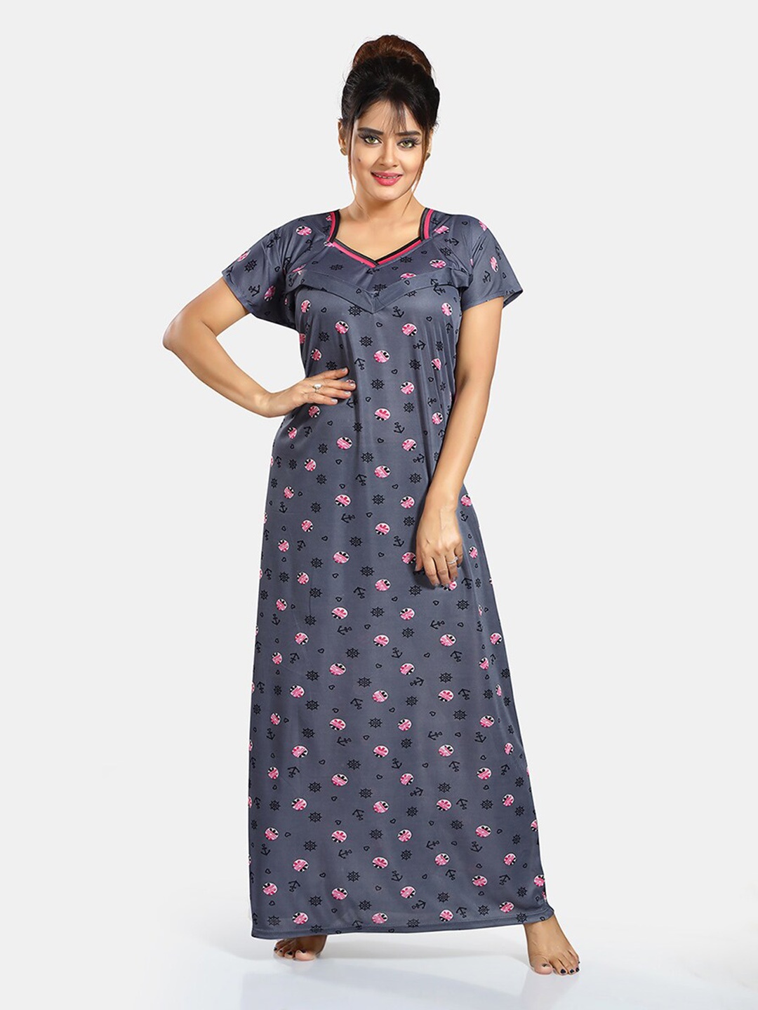 

Be You Floral Printed Satin Maternity Maxi Sweat Nightdress, Grey