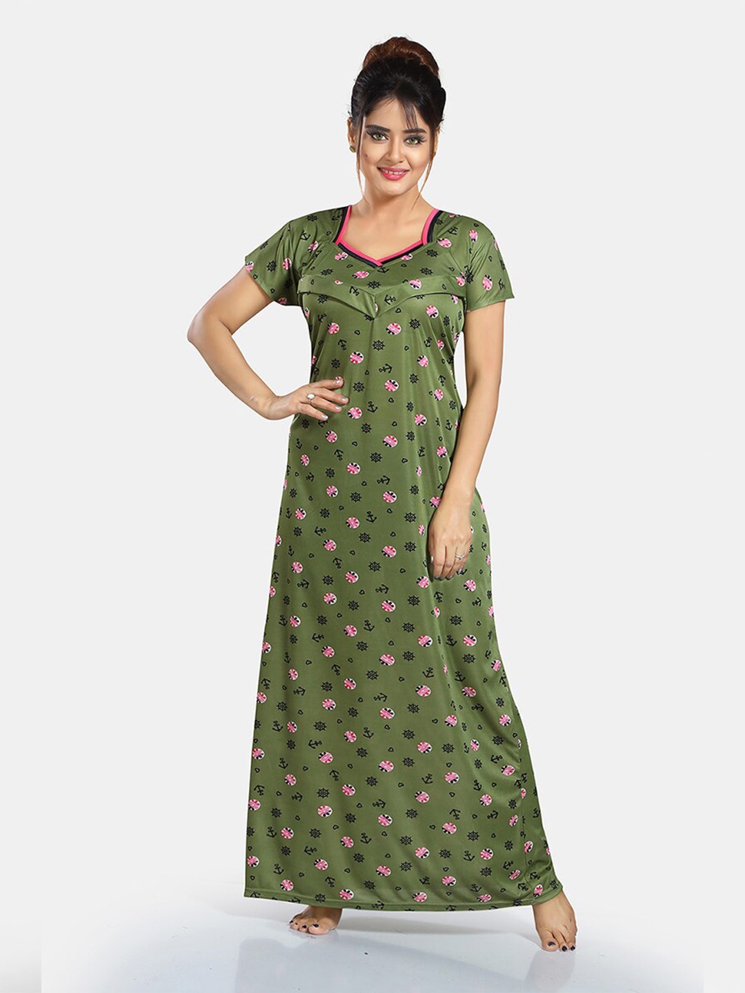 

Be You Floral Printed Satin Maternity Maxi Sweat Nightdress, Green