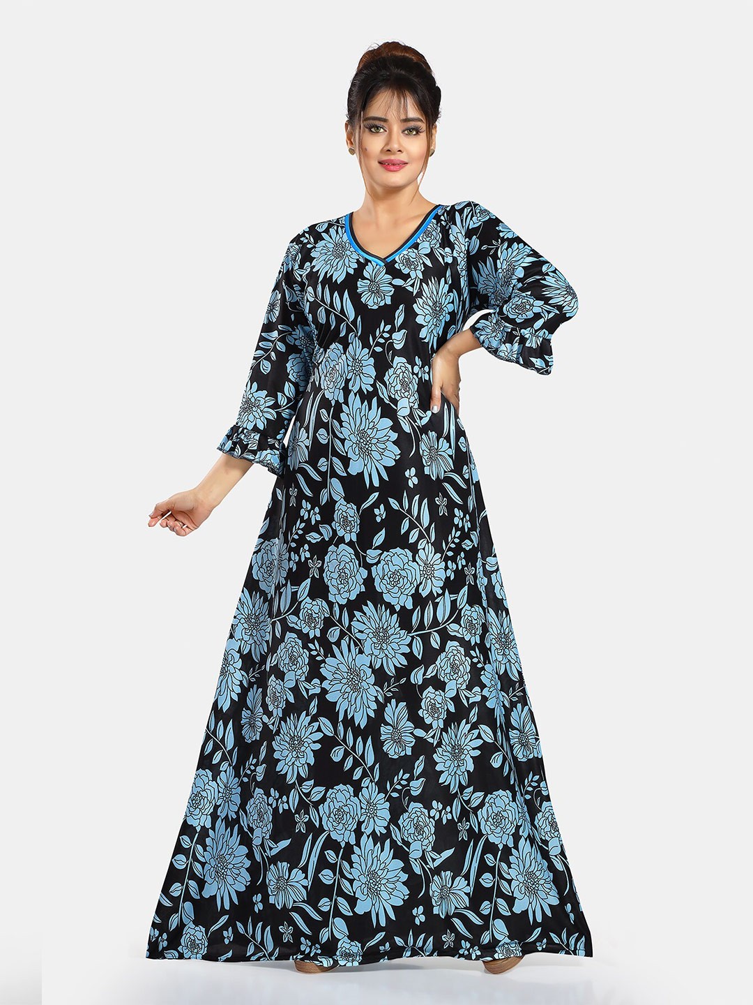 

Be You Floral Printed V-Neck Satin Maxi Sweat Nightdress, Blue