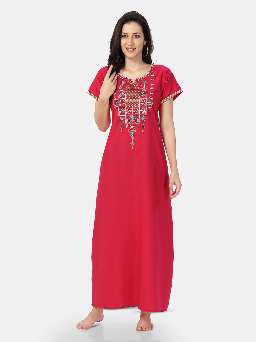 

Be You Ethnic Motifs Embroidered Maxi Nightdress, Red