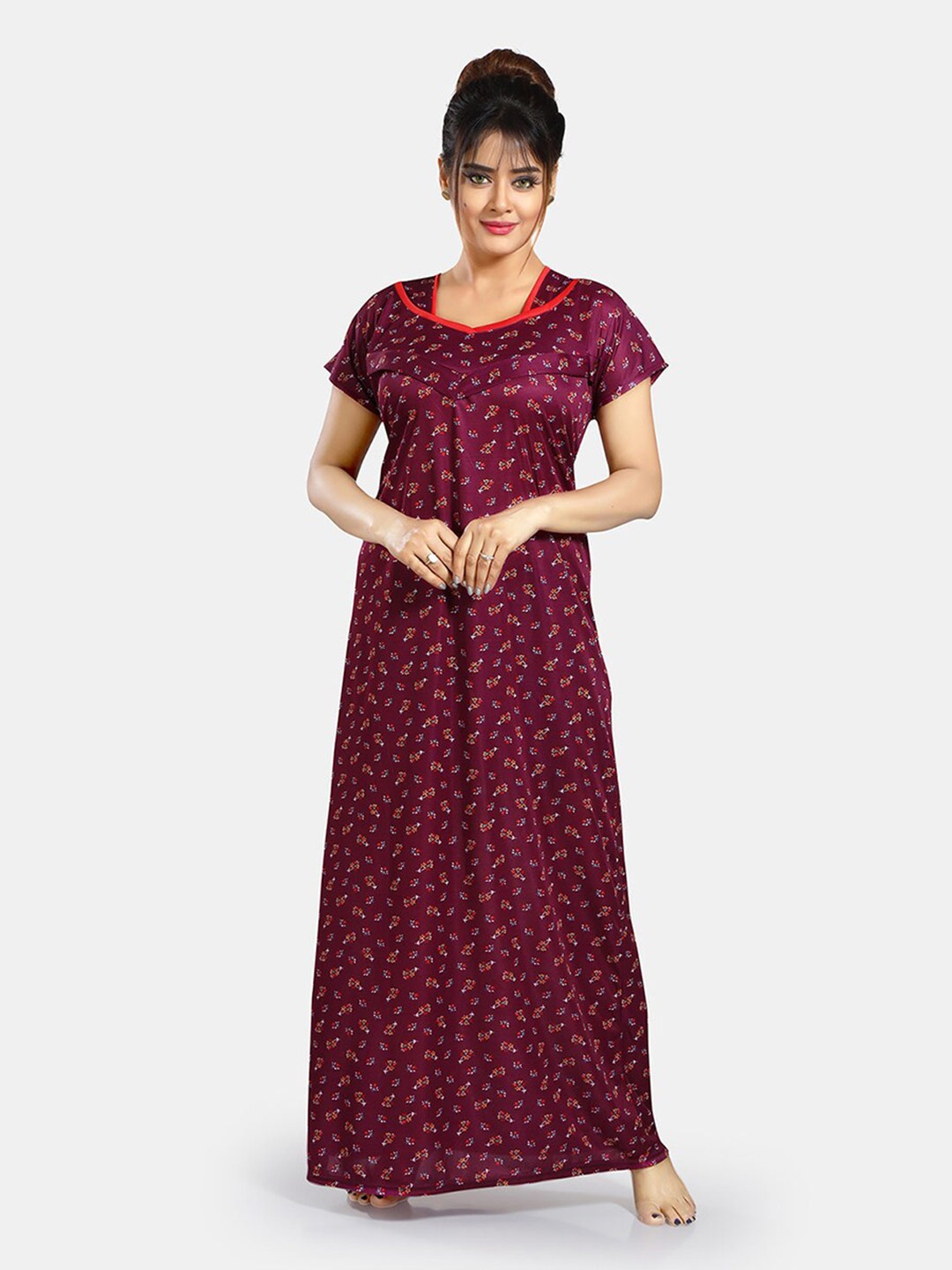 

Be You Floral Printed V-Neck Satin Maxi Nightdress, Purple