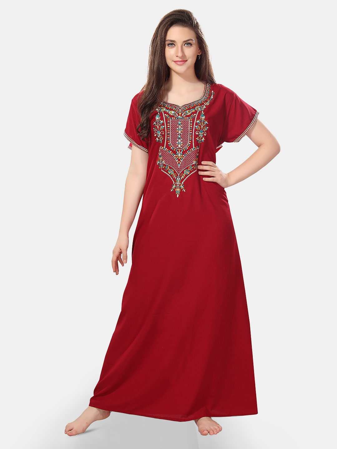 

Be You Ethnic Motifs Embroidered Maxi Nightdress, Maroon