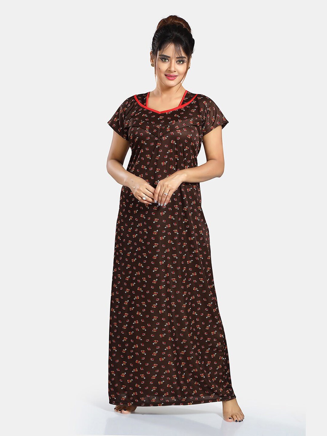 

Be You Floral Printed Satin Maternity Maxi Nightdress, Coffee brown