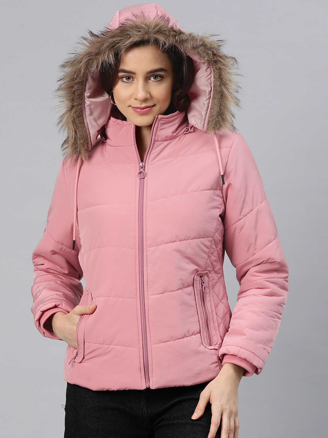 

Foreign Culture By Fort Collins Quilted Padded Jacket with Detachable Hood, Pink