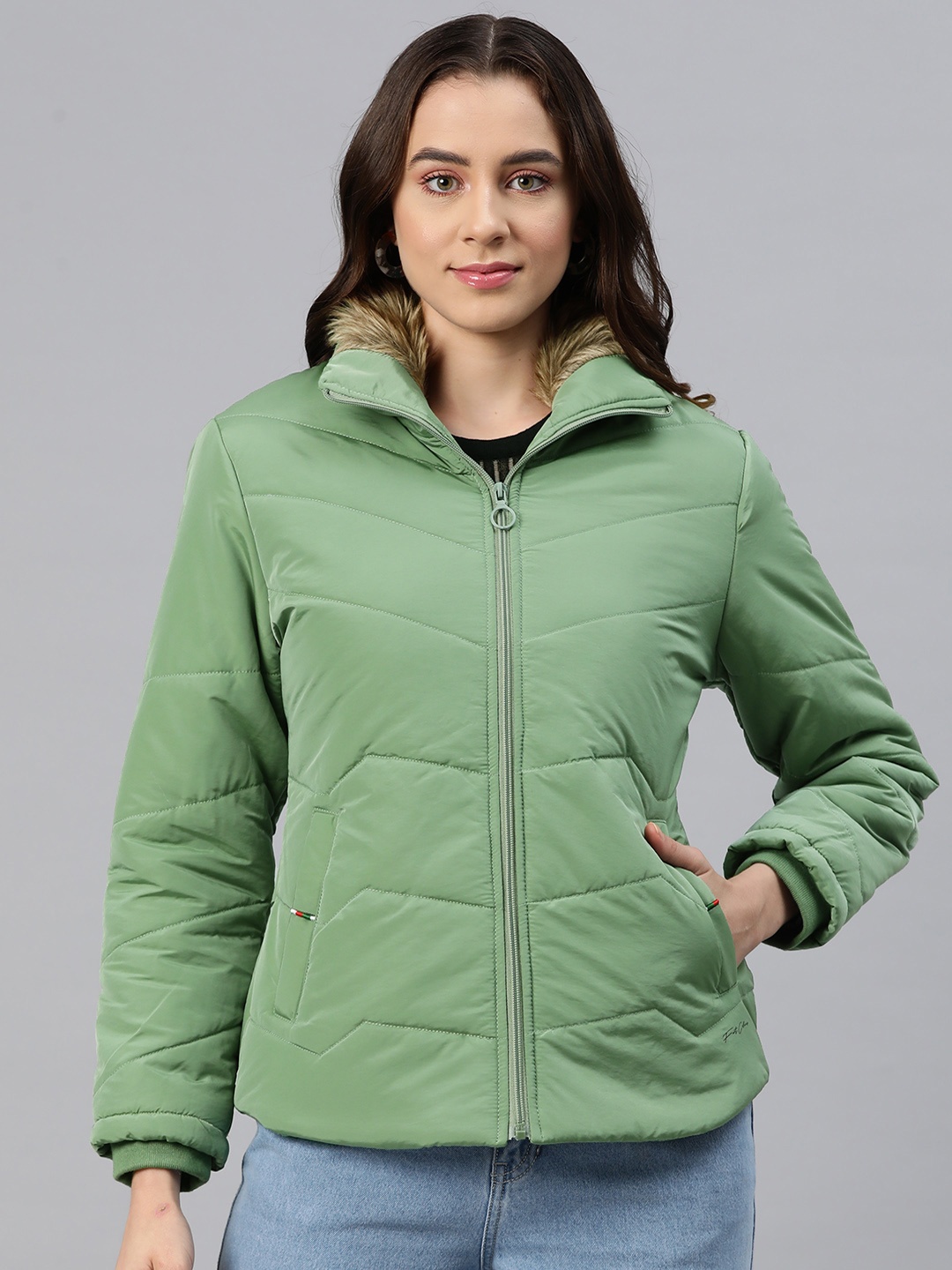

Foreign Culture By Fort Collins Padded Jacket with Faux Fur Trim, Green
