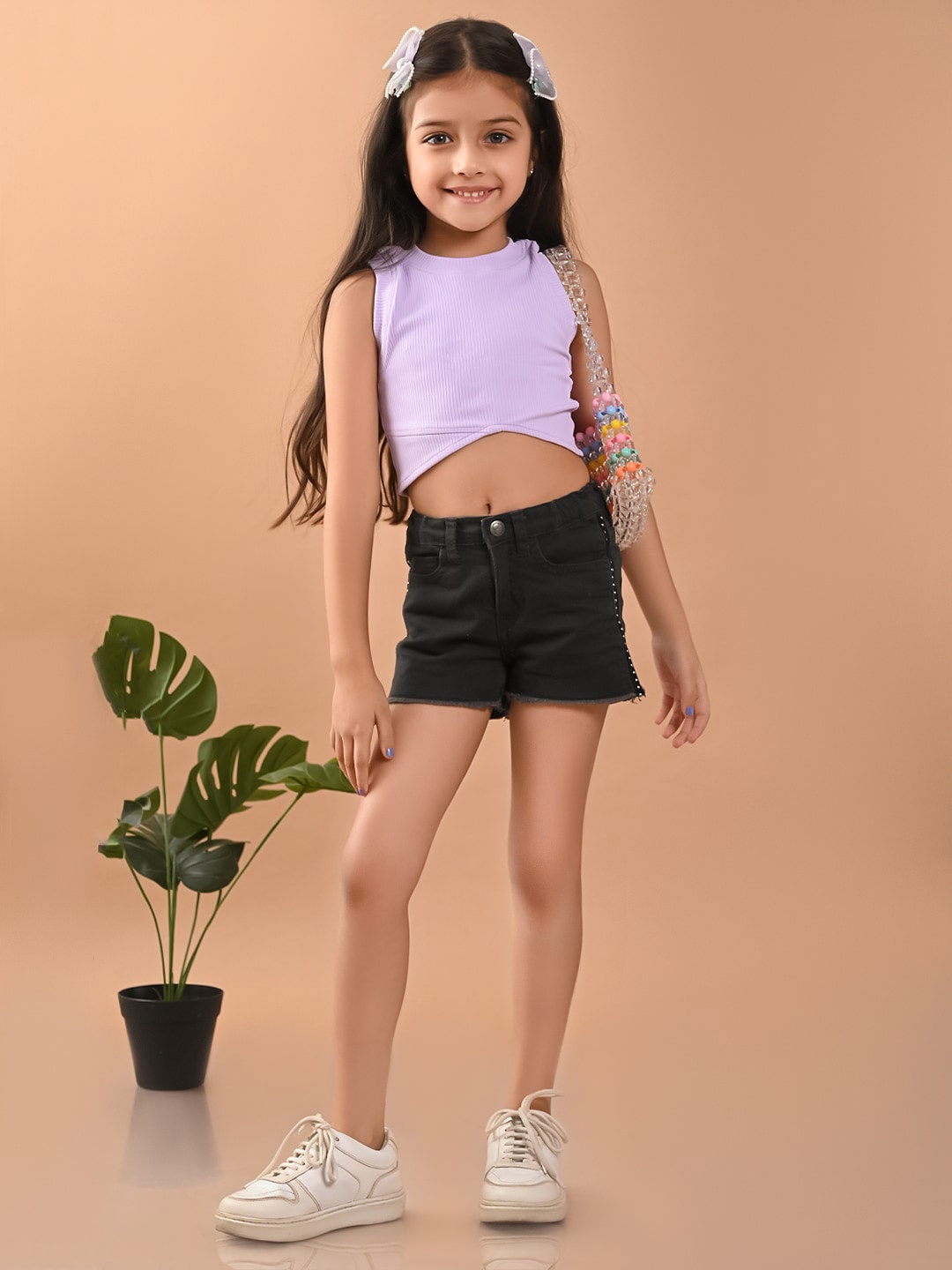 

LilPicks Girls Ribbed Cotton Fitted Crop Top, Lavender