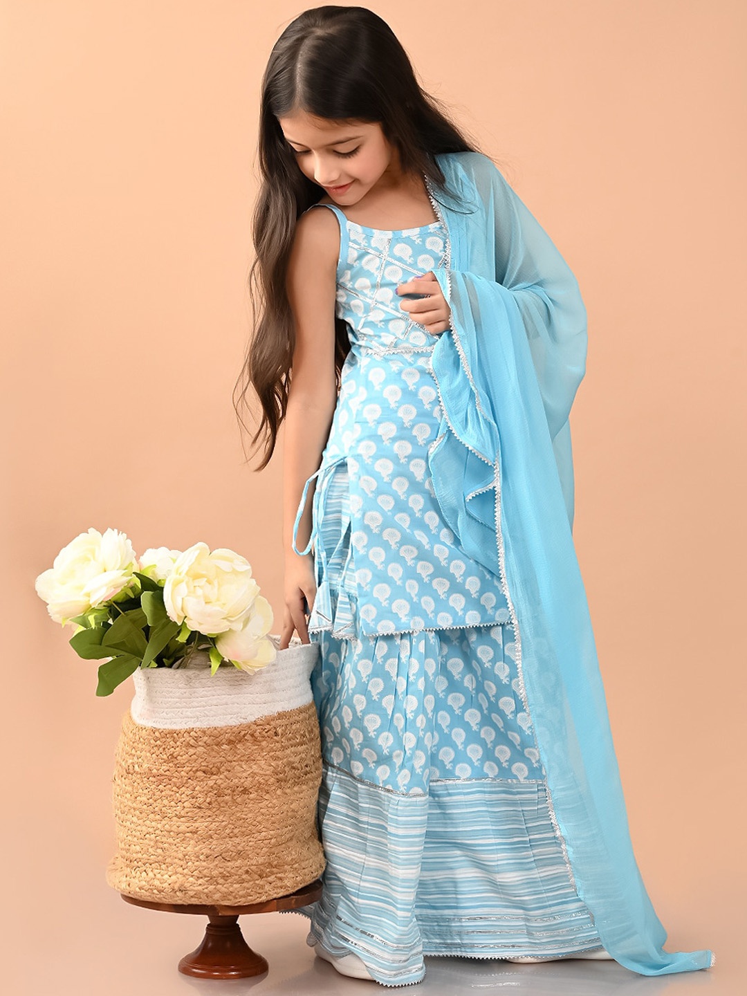 

LilPicks Girls Ethnic Printed Regular Gotta Patti Pure Cotton Kurta & Sharara With Dupatta, Blue
