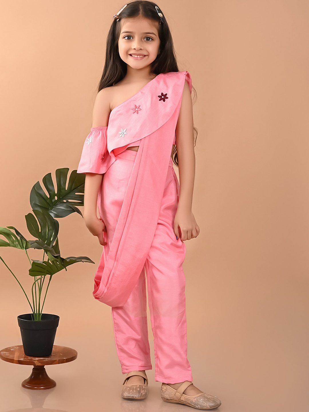 

LilPicks Girls One Shoulder Embroidered Top with Trousers With Attached Dupatta, Pink