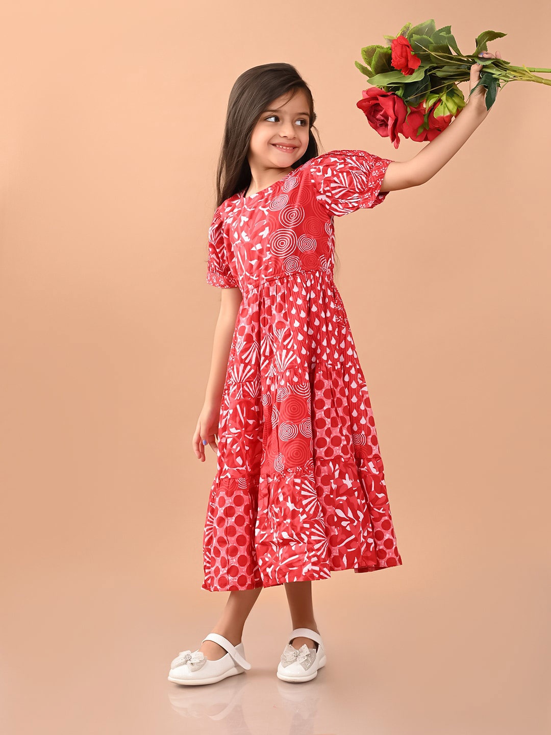 

LilPicks Girls Geometric Printed Gathered Tiered Cotton Fit & Flare Midi Ethnic Dress, Red