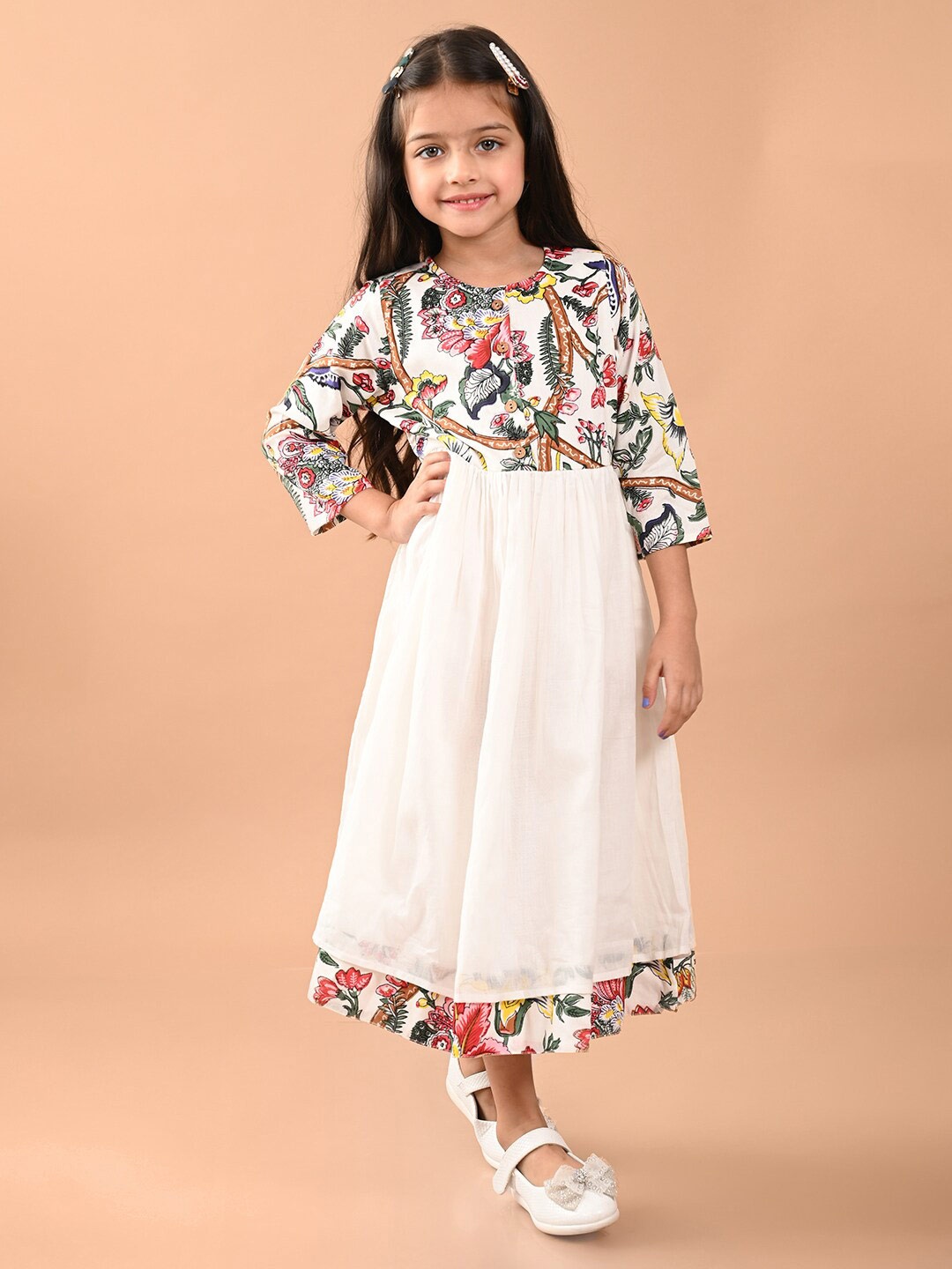 

LilPicks Girls Floral Printed Gathered Cotton Fit & Flare Midi Ethnic Dress, White