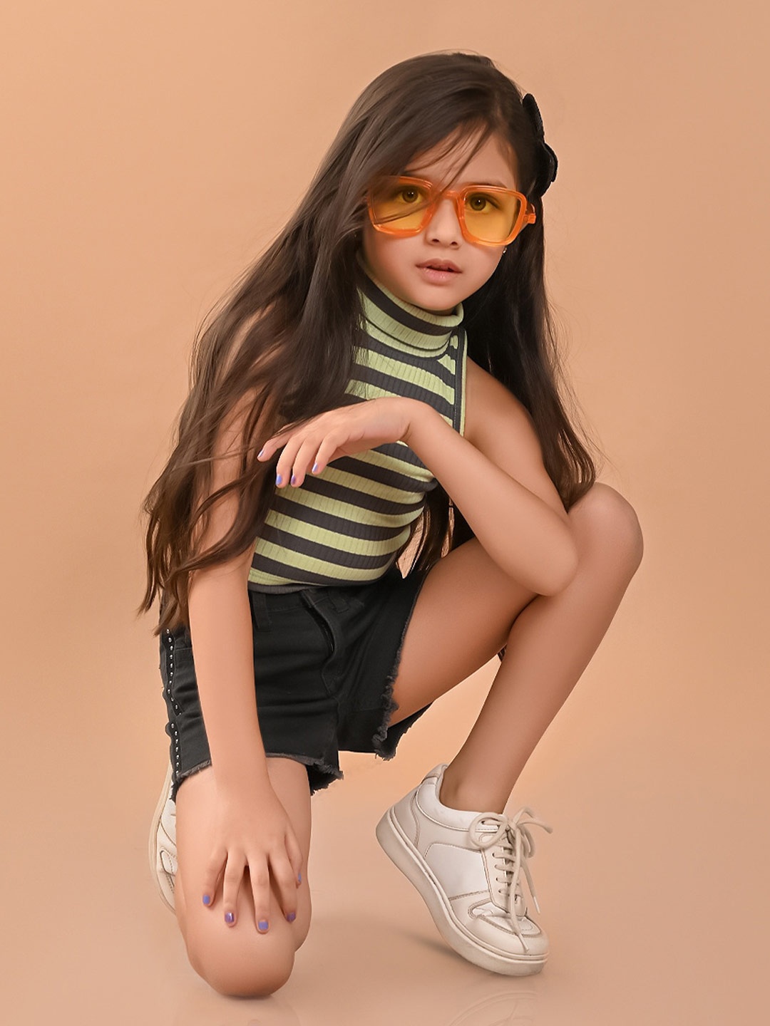 

LilPicks Girls Horizontal Stripes Turtle Neck Ribbed Cotton Fitted Crop Top, Grey