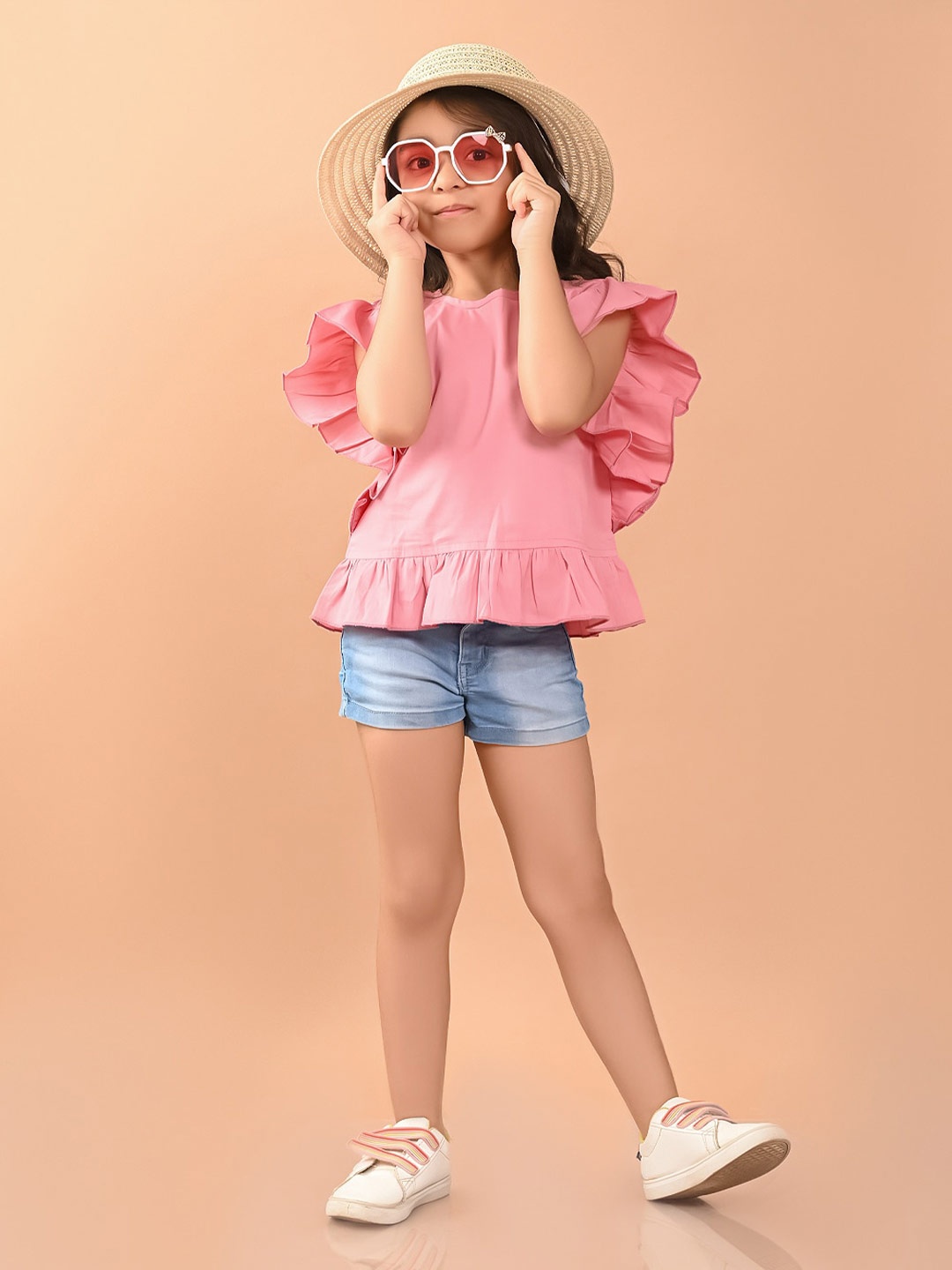 

LilPicks Flutter Sleeves Ruffled Cotton Top, Pink