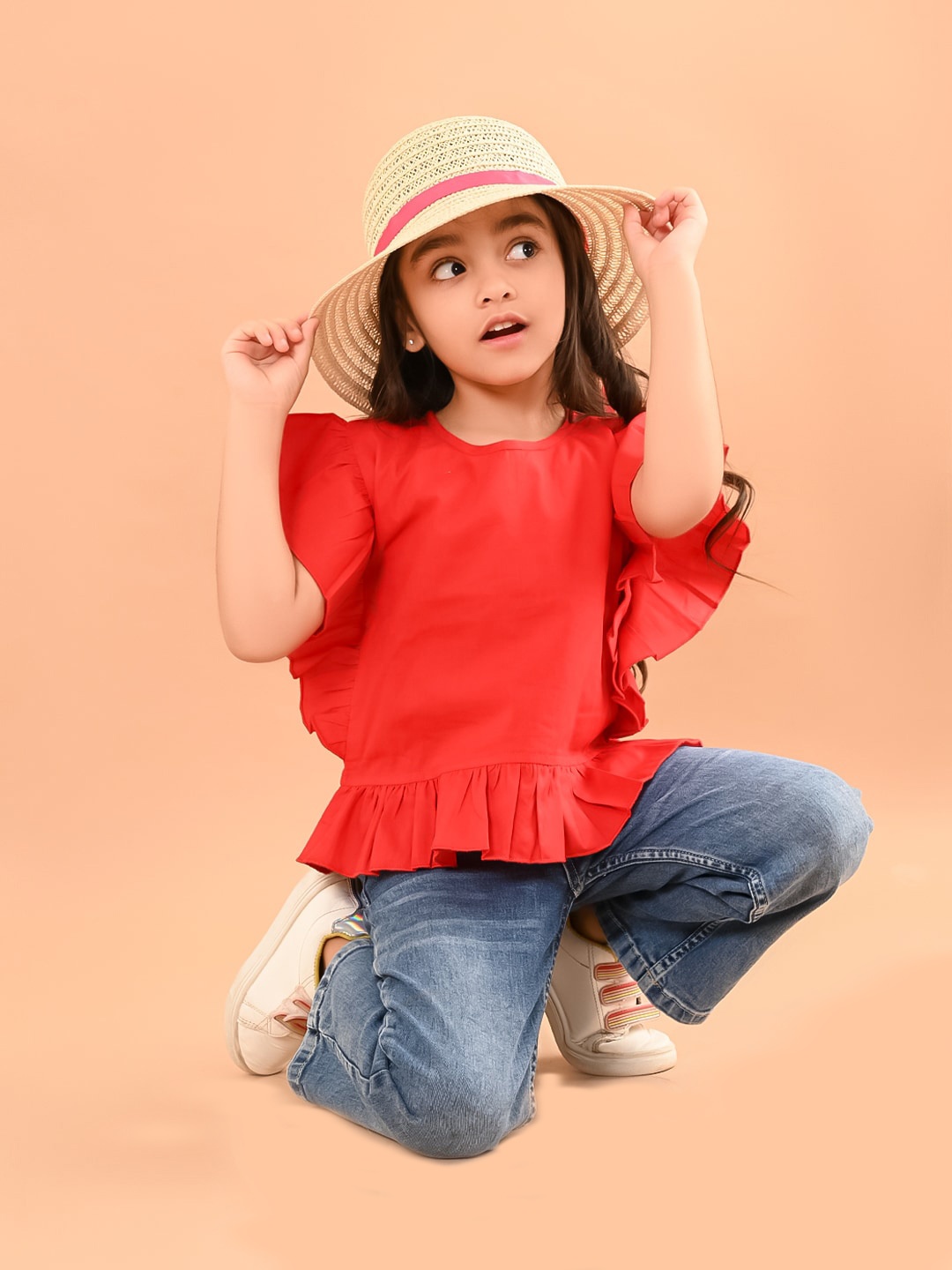 

LilPicks Flutter Sleeves Ruffled Cotton Top, Red