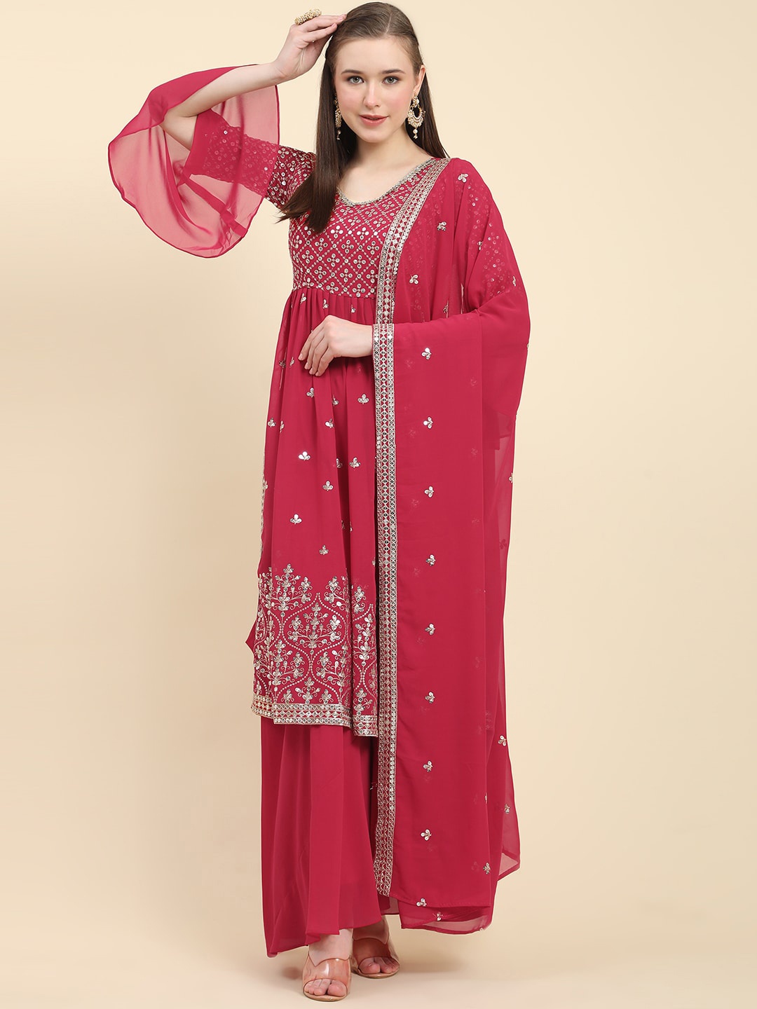 

BLACK SCISSOR Ethnic Motifs Embroidered High Slit A-Line Kurta & Palazzos With Dupatta, Pink