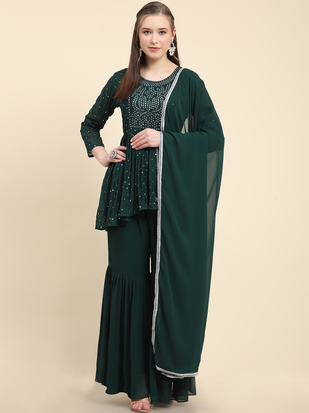 

BLACK SCISSOR Ethnic Motifs Embroidered A-Line Kurti & Sharara With Dupatta, Green
