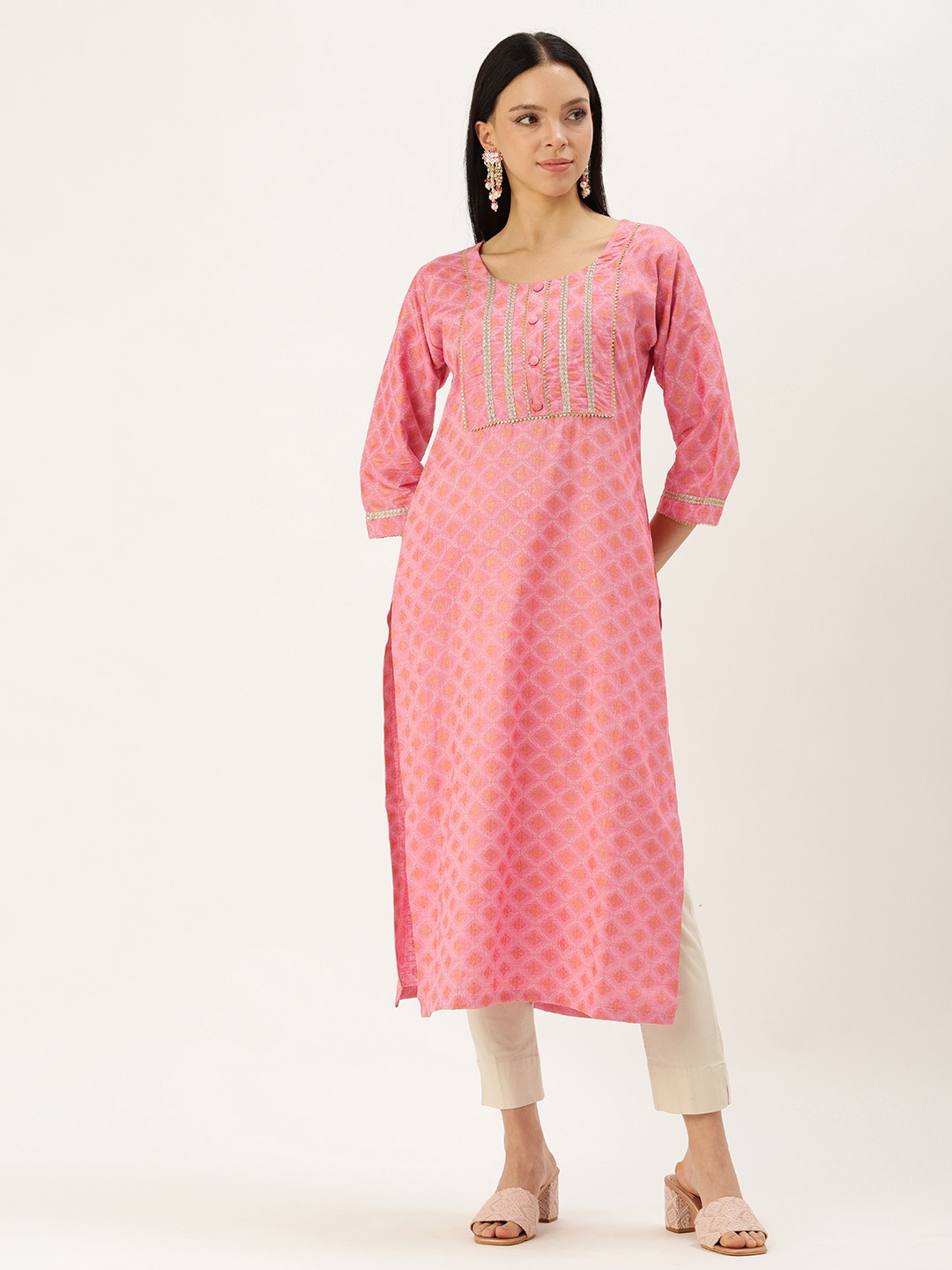 

BAPS Ethnic Motifs Printed Gotta Patti Pure Cotton Kurti, Pink