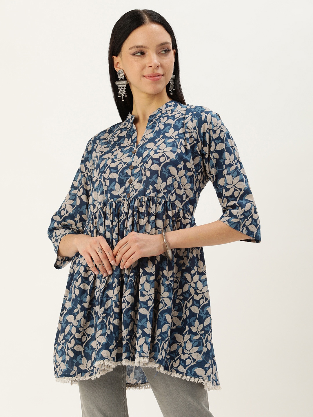 

BAPS Ethnic Motifs Printed Pure Cotton Pleated Kurti, Navy blue