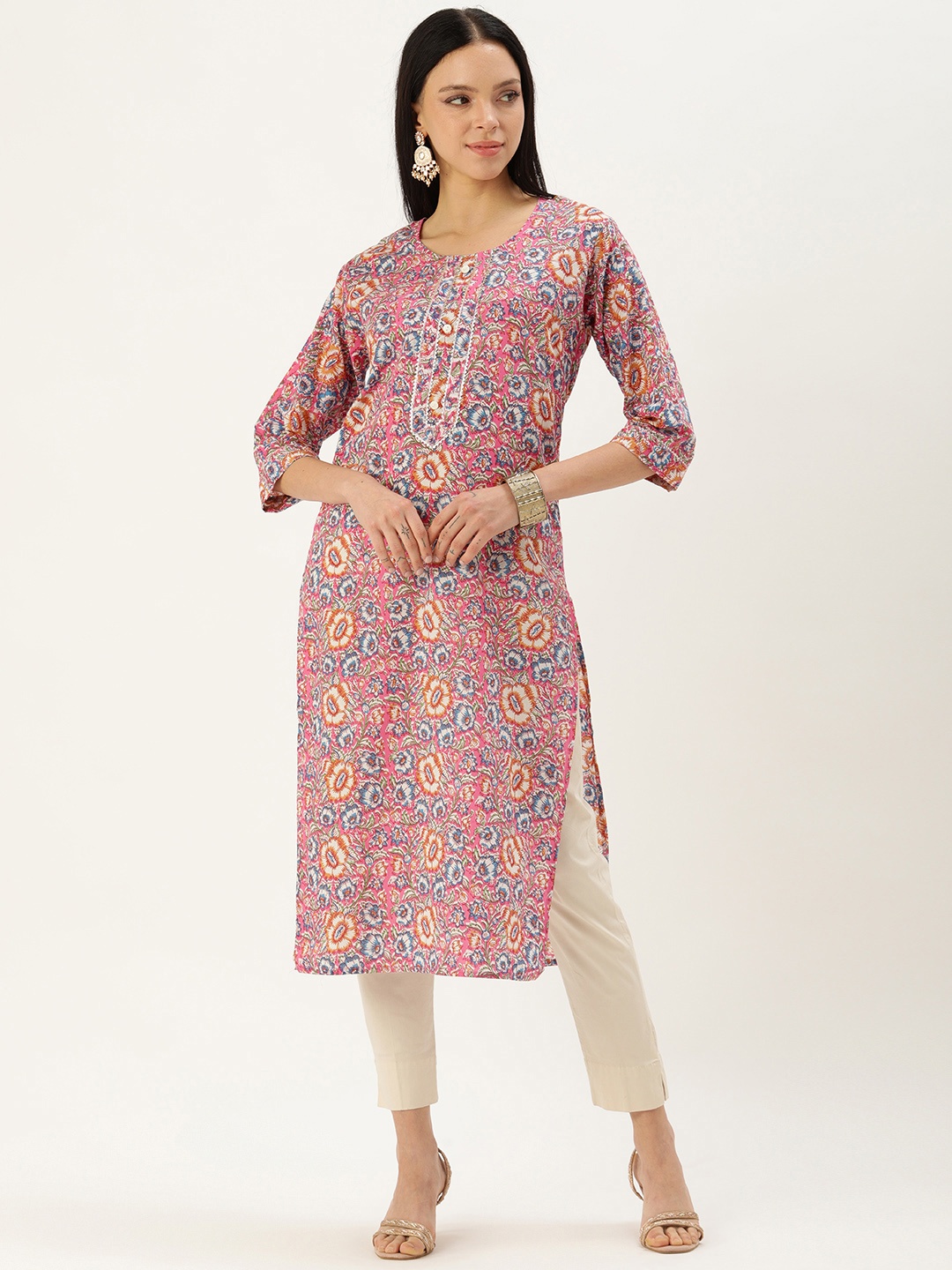 

BAPS Floral Printed Gotta Patti Pure Cotton Kurti, Multi