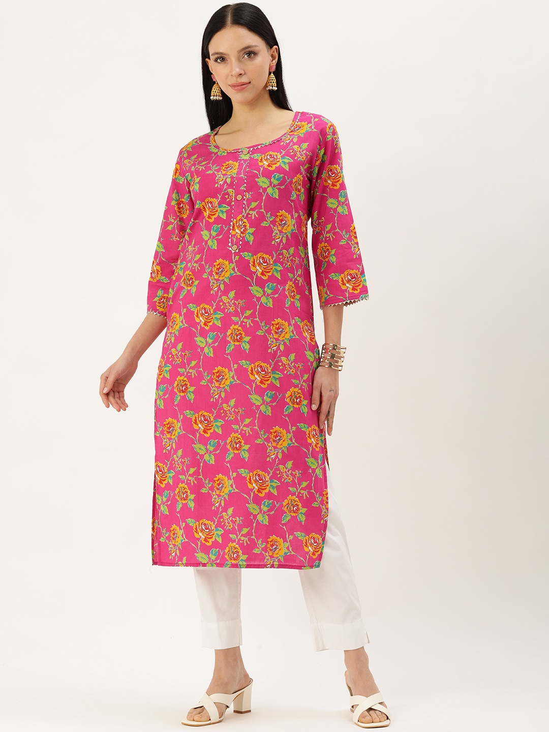 

BAPS Floral Printed Gotta Patti Pure Cotton Kurti, Pink