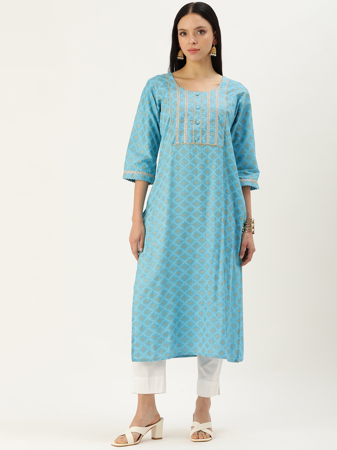 

BAPS Woven Design Gotta Patti Pure Cotton Kurti, Blue
