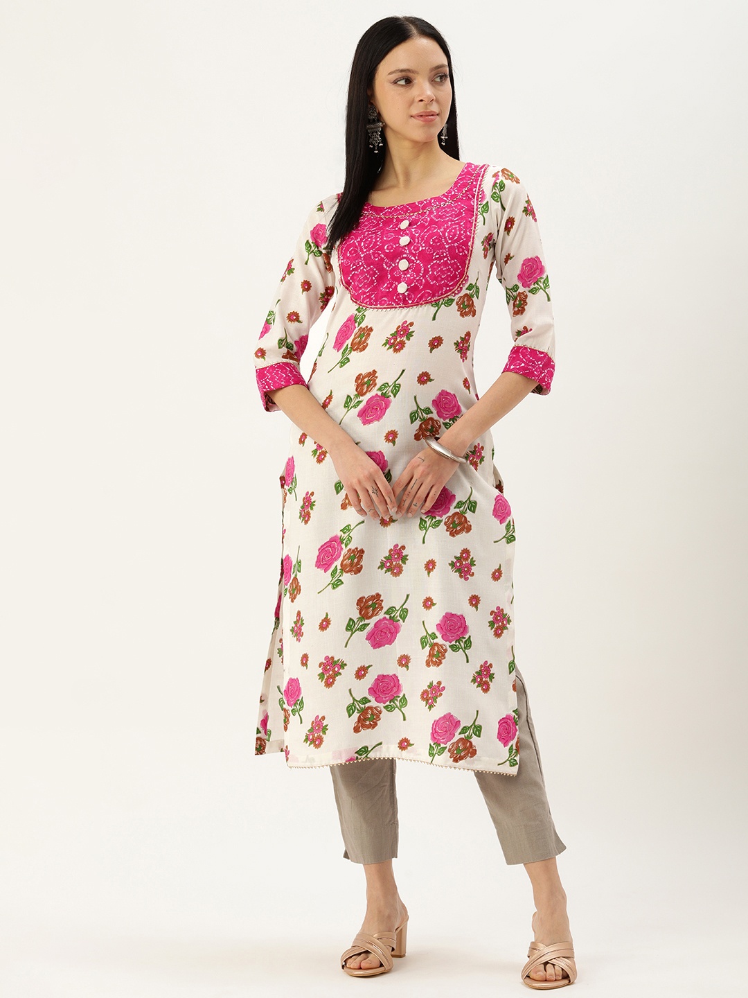 

BAPS Floral Printed Gotta Patti Pure Cotton Kurta, Pink