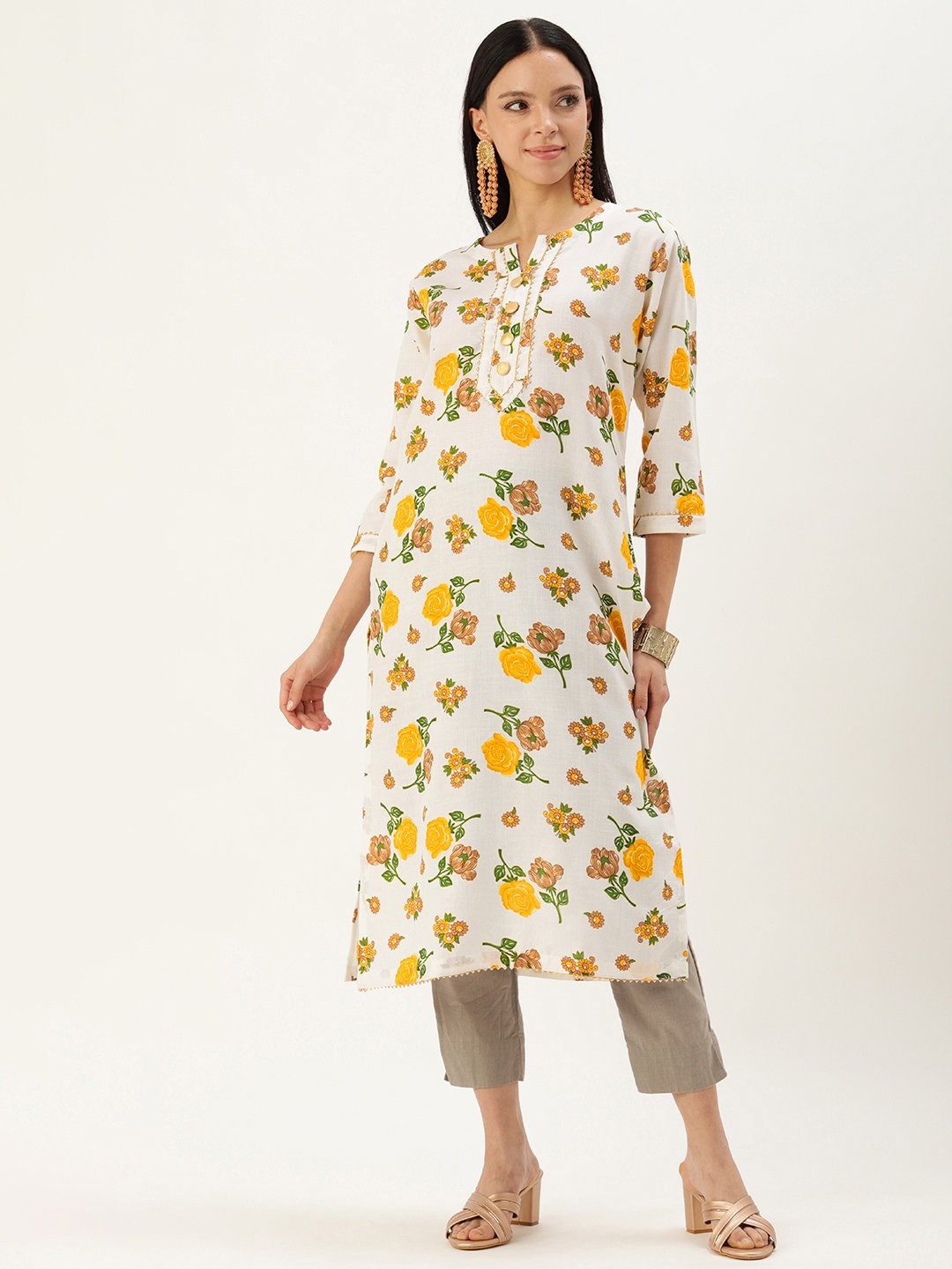 

BAPS Floral Printed Gotta Patti Pure Cotton Kurta, Yellow