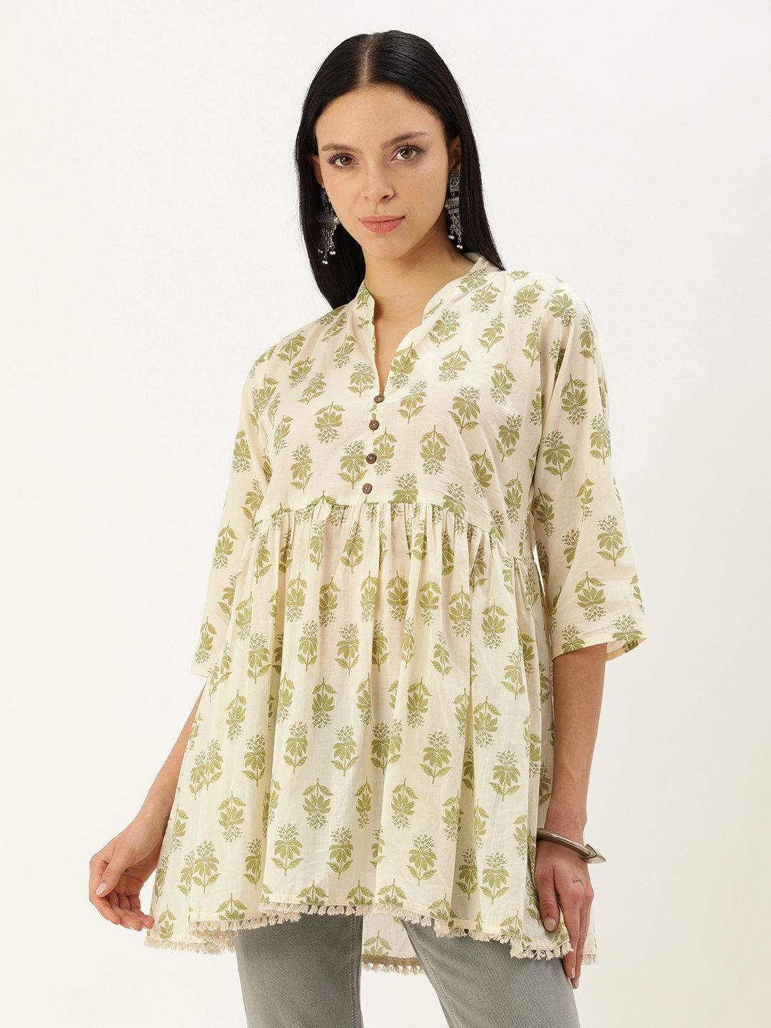 

BAPS Ethnic Motifs Printed Pure Cotton Pleated Kurti, Off white