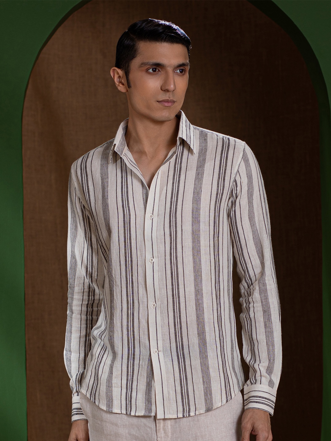 

Earthpiece Premium Vertical Striped Organic Cotton Casual Shirt, Off white