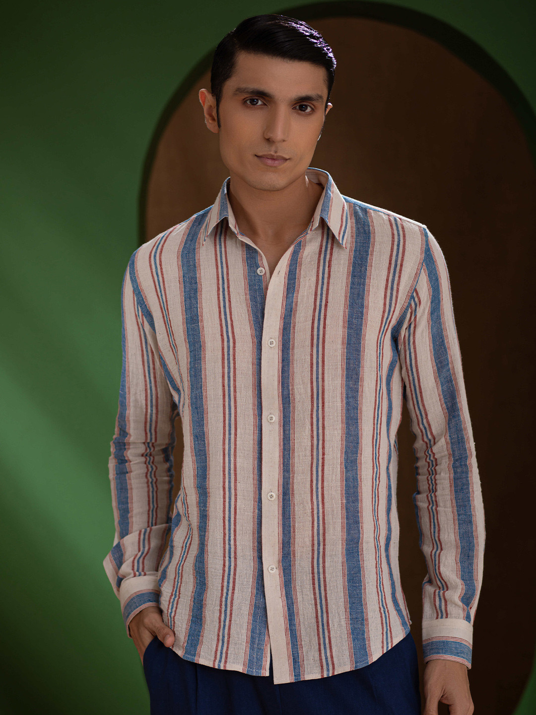 

Earthpiece Premium Vertical Striped Opaque Organic Cotton Casual Shirt, Off white