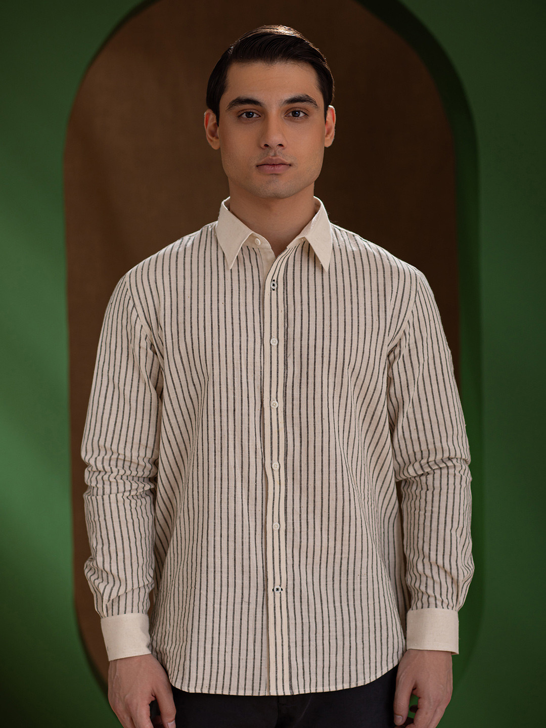 

Earthpiece Relaxed Vertical Striped Opaque Organic Cotton Casual Shirt, Off white