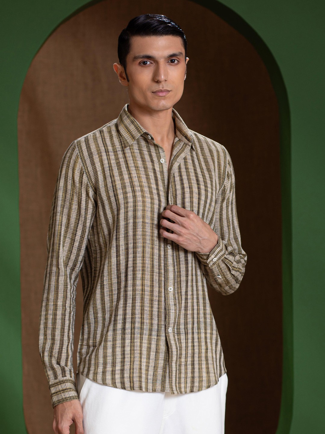 

Earthpiece Relaxed Vertical Striped Opaque Organic Cotton Casual Shirt, Beige
