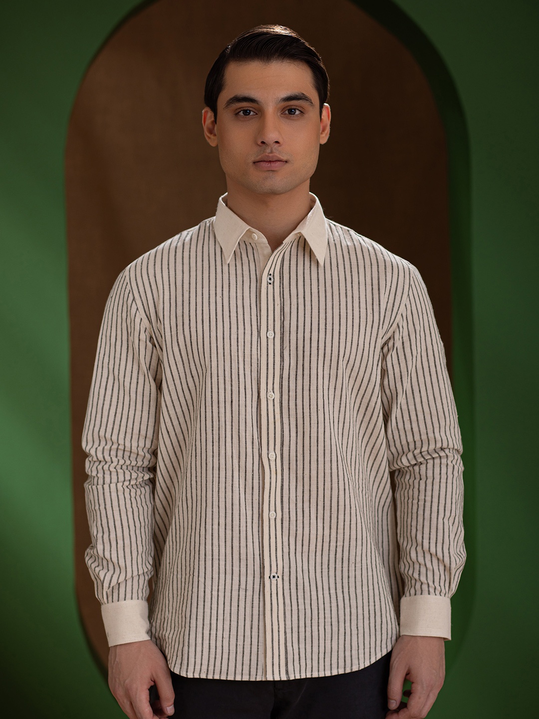 

Earthpiece Relaxed Striped Pure Cotton Casual Shirt, Off white