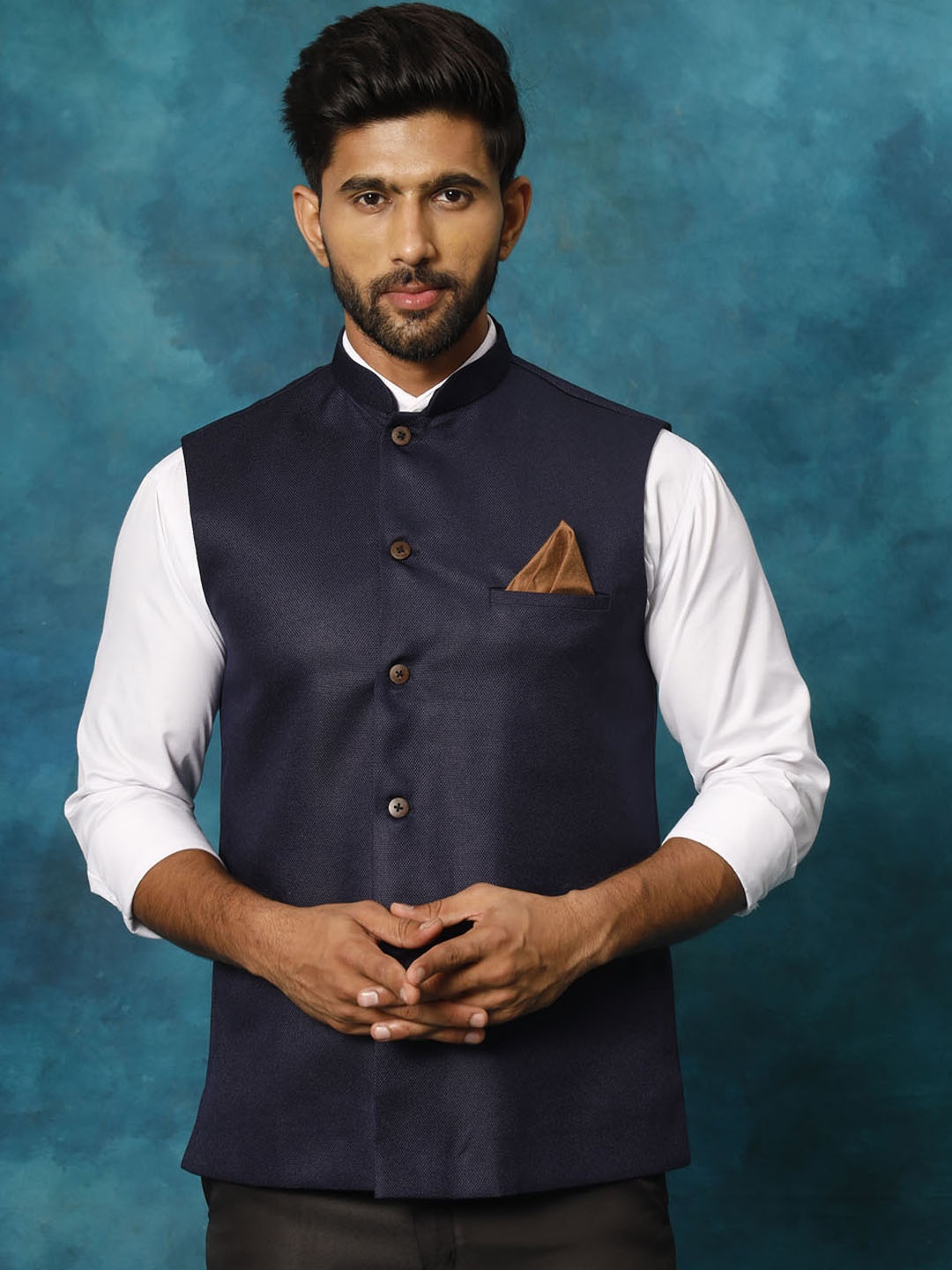 

VASTRAMAY Woven Design Mandarin Collar Jute Cotton Nehru Jacket, Navy blue