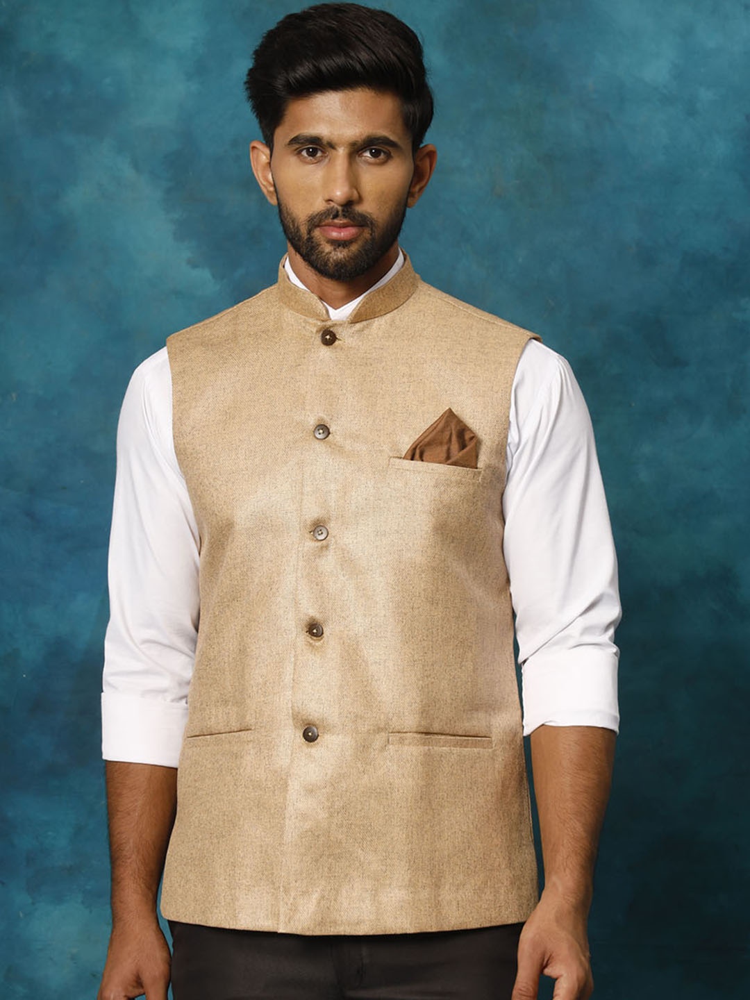 

VASTRAMAY Woven Design Mandarin Collar Jute Cotton Nehru Jacket, Beige