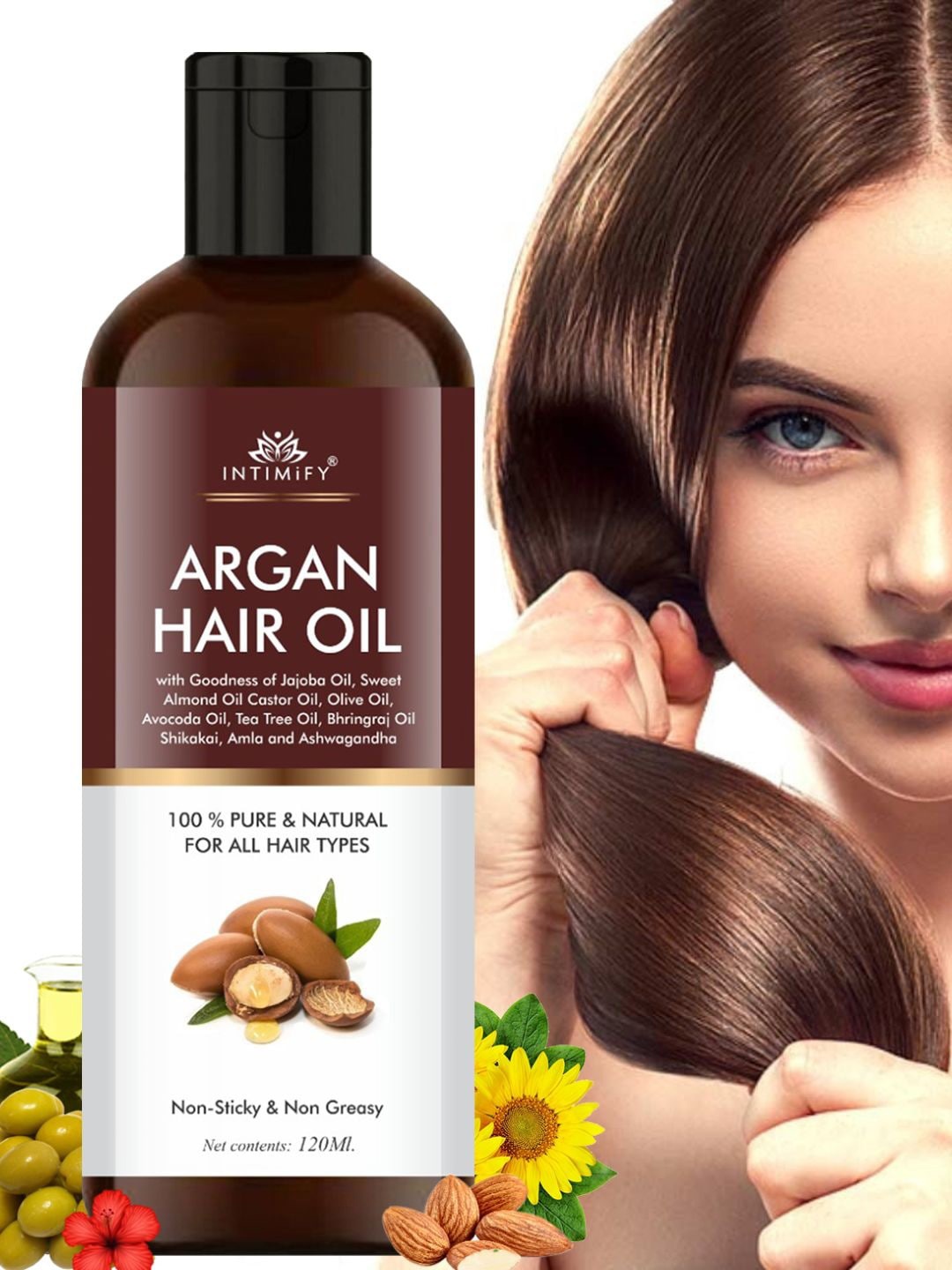 

INTIMIFY Argan Hair Oil with Jojoba Oil+Sweet Almond Oil+Castor Oil+Olive Oil - 120ml, Brown