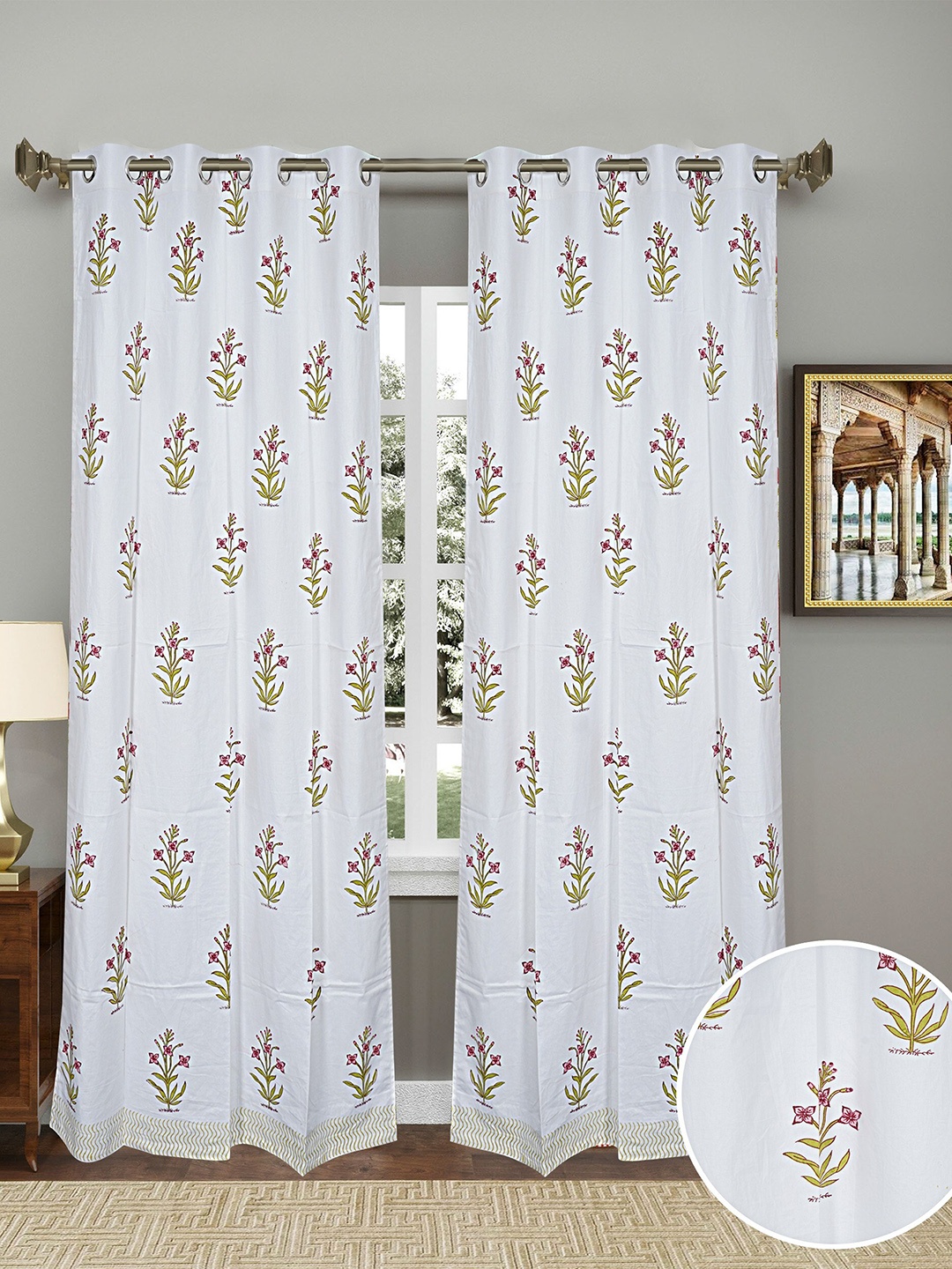 LIVING ROOTS White 2 Pieces Floral Block Printed Elegant Cotton Door Curtains With Ring