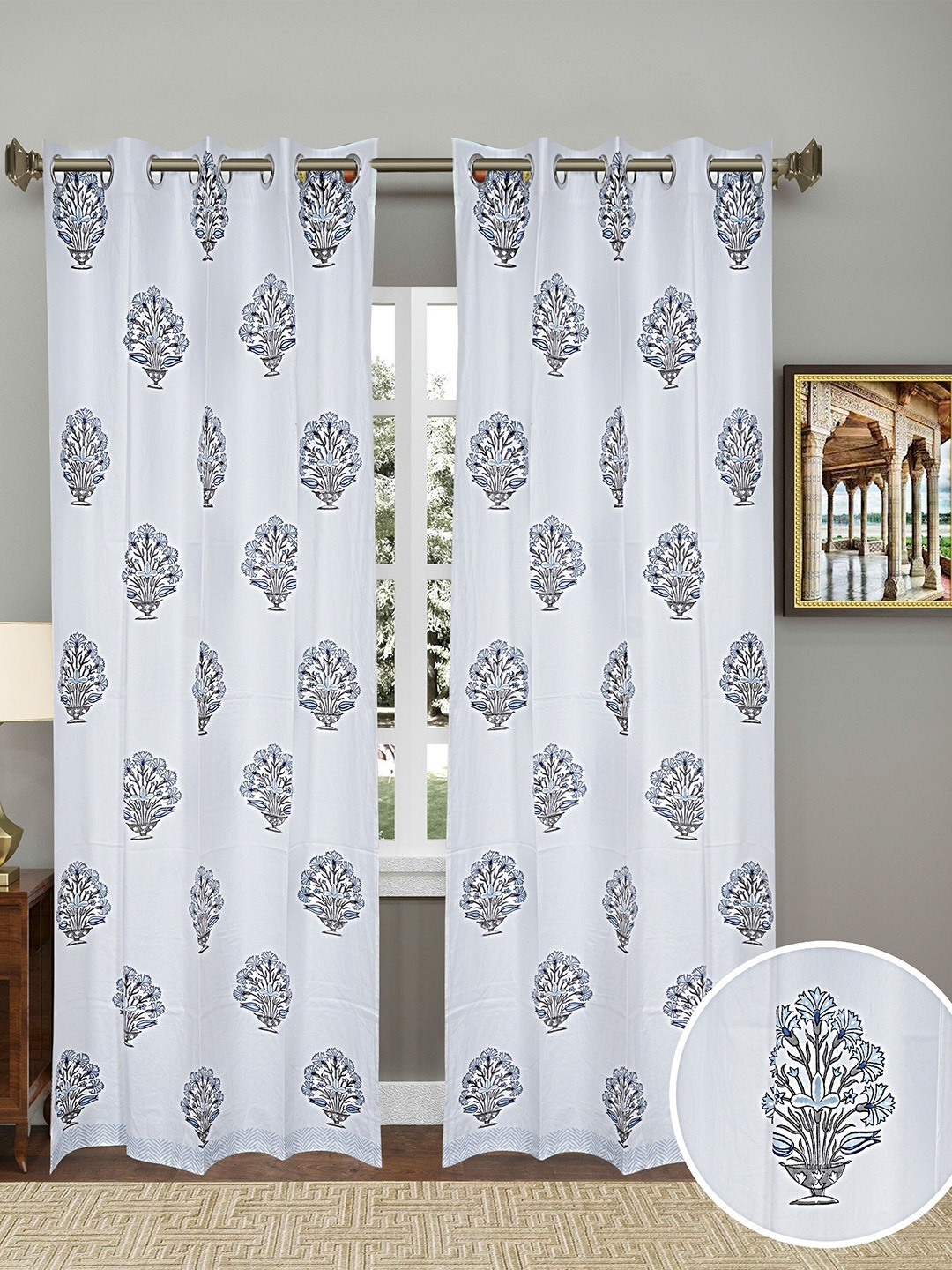LIVING ROOTS White & Blue 2 Pieces Floral Block Printed Elegant Cotton Door Curtains