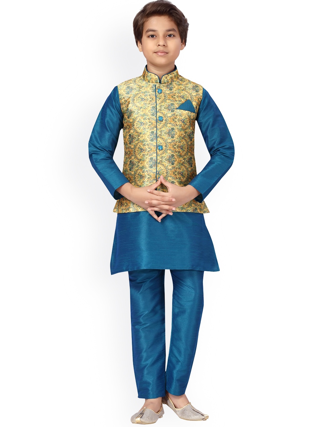 

BAESD Boys Pure Silk Straight Kurta & Trouser With Nehru jacket, Yellow