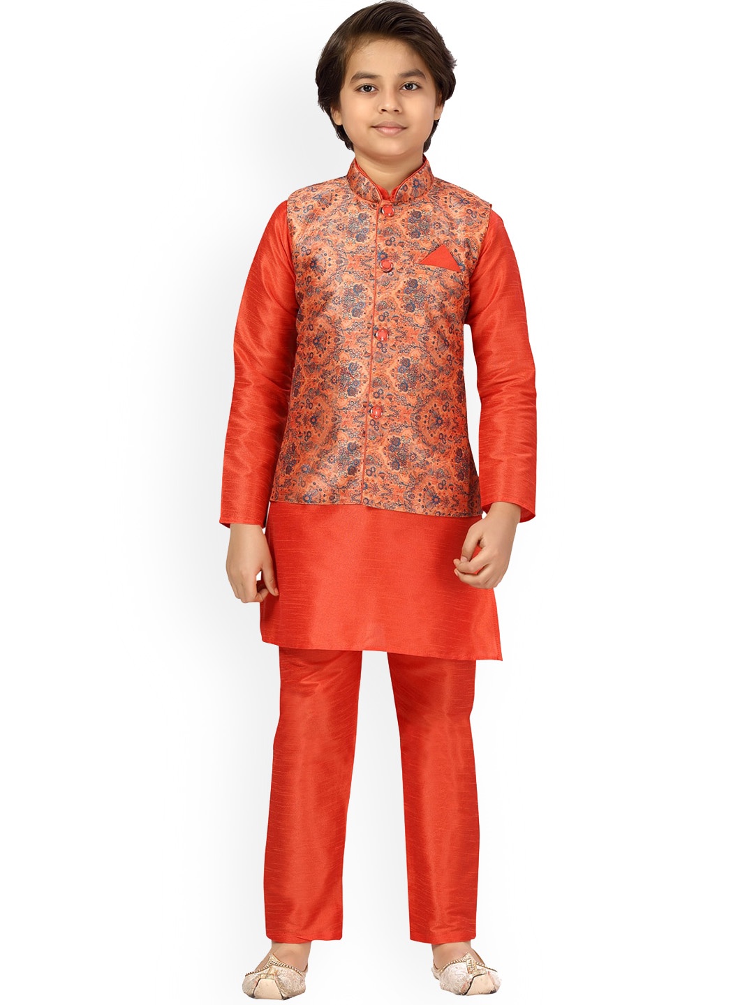 

BAESD Boys Regular Pure Silk Kurta & Pyjamas With Waistcoat, Orange